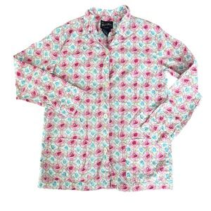 Nick & Nora Womens Pajama Top Small Pink Blue Heart Floral Button Up Shirt